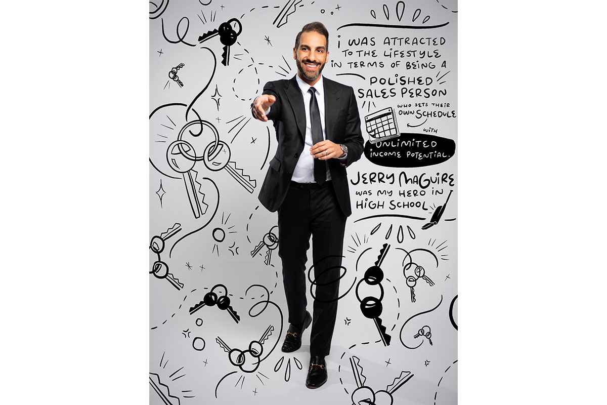 male realtor with black suit and doodles
