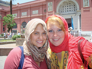 Mary Yanik and Jenn Young outside the egyptian museum in downtown cairo the summer of 2008.