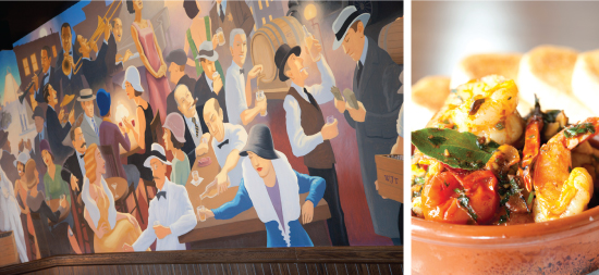 A Prohibition-themed mural; an exquisite shrimp tapa.  