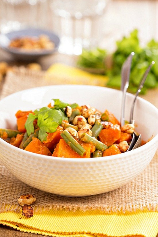 Sweet Potato Stew with green beans and spicy peanuts