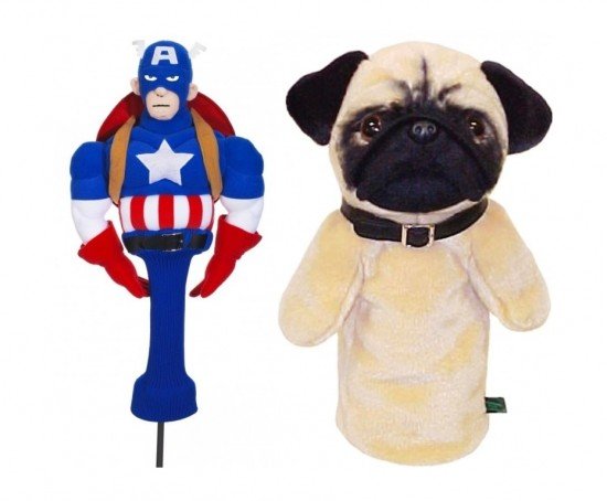 Left: Captain America Club Cover. Courtesy of Golfsmith International. Right: Winning Edge Pug Headcover. Courtesy of DICK'S Sporting Goods
