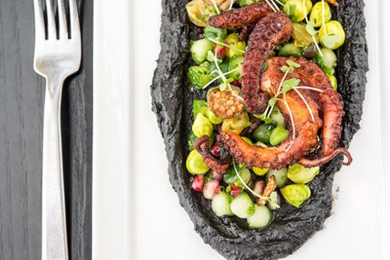 Seared octopus with squid ink hummus from The Curious Grape / Photo by Rey Lopez