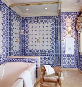 A bathroom designed with Portuguese tile and sand-colored tumbled Jerusalem stone floor. Photo courtesy of Derry Moore and Gordon Beall