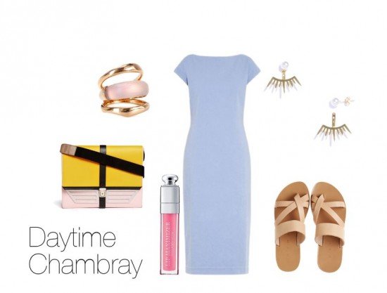 Tomas Maier chambray cotton-blend dress, $525; KYMA sikinos leather slip-on sandal, $195; Jeweliq pearl jagger ear jackets, $32; Alexis Bittar lucite orbital statement ring, $150; Msgm oversize colourblock leather shoulder bag, $705; Dior Addict volume booster gloss in Pink Sunset, $33.
