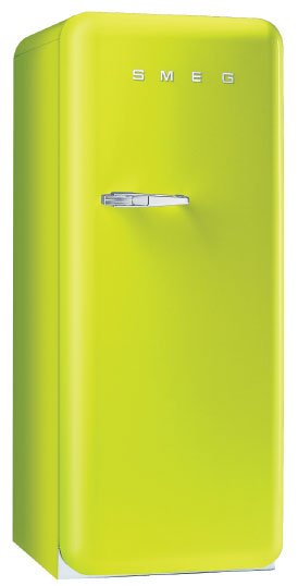 Smeg 9.22-Cubic-Foot Right Hinge Retro Style Refrigerator/Freezer in Lime  Brighten up your kitchen and live a retro fantasy by installing this lime green vintage-style refrigerator. This appliance is sure to bring your kitchen to life. $1,999; shopperschoice.com