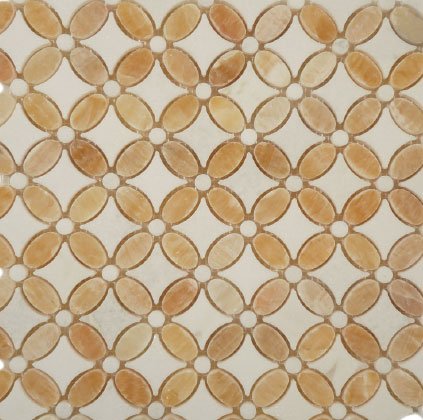 Honey/ Onyx Polished Stone This pattern is homey in every way. The warm, honey colored tiles and muted pattern will simultaneously light up your kitchen and make everyone feel right at home. $47.60/ square foot; glasstileoasis.com