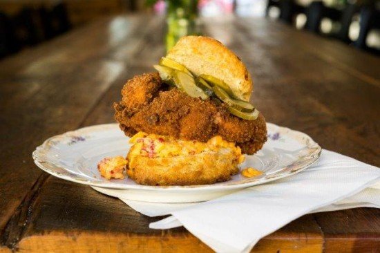 Fried chicken and pimento cheese biscuit sandwich at Stomping Ground / Photo by Rey Lopez