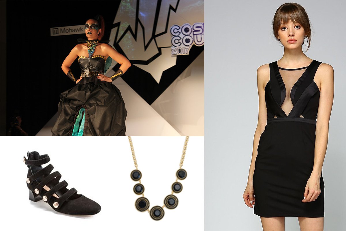 Beaded Statement Necklace, $22, Lou Lou Boutique; Tory Burch Marisa Strappy Pump, $358, The Shoe Hive; Mesh-Front Black Dress, $89, 3 Sisters
