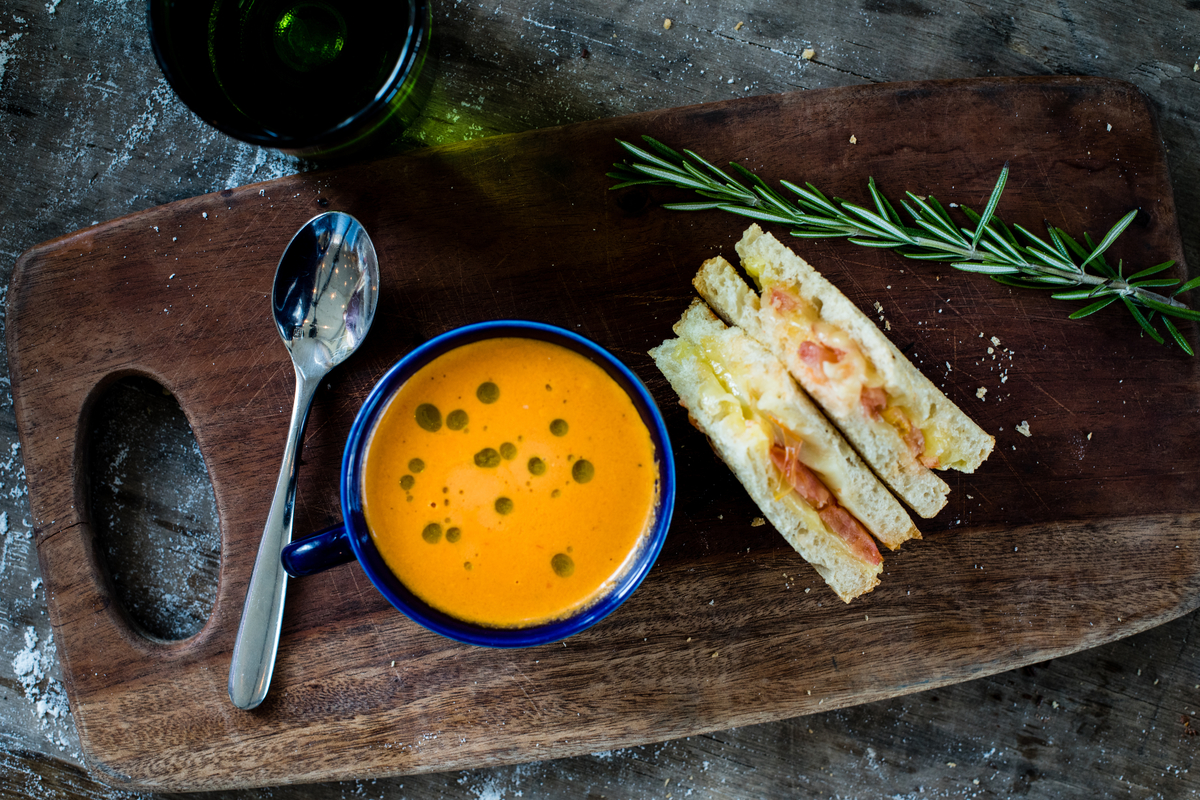 Smoky Tomato Bisque and Great Falls Grilled Cheese at Coton & Rye.