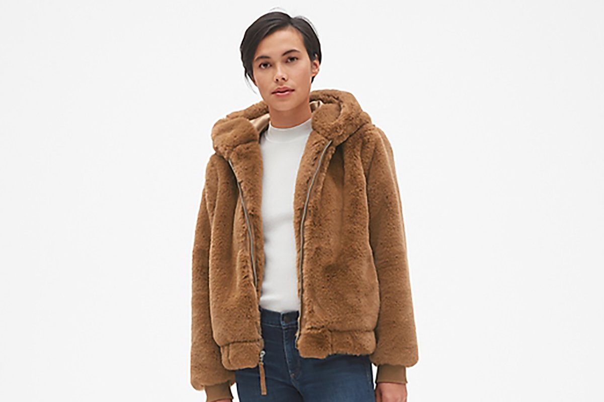 hooded faux fur jacket gap