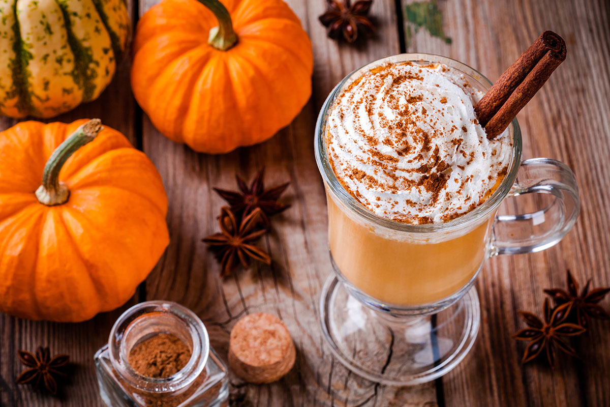 pumpkin spice latte with pumpkins