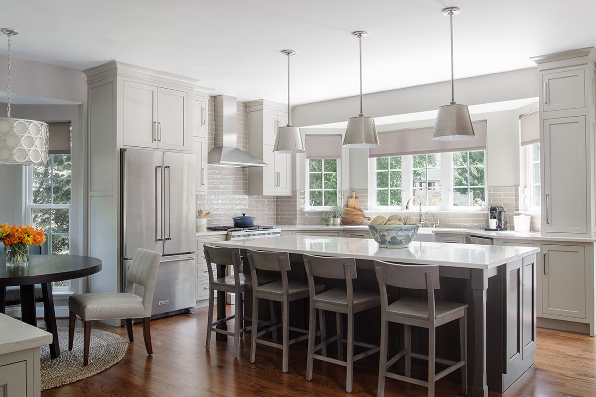 kitchen island with grey and white color scheme