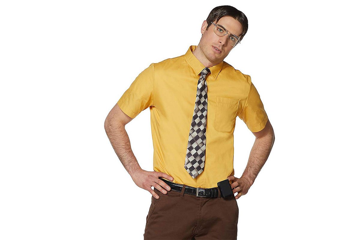 man with yellow shirt, tie, glasses