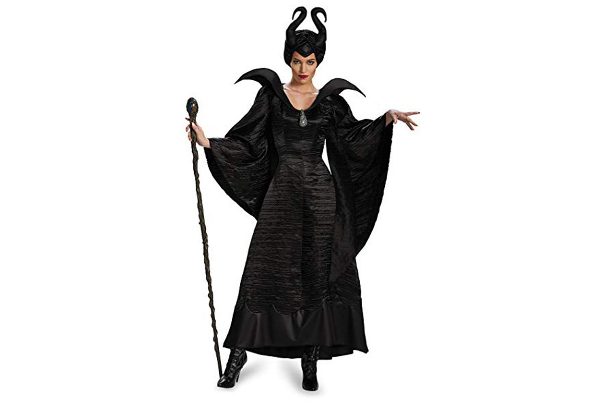 maleficent costume with black cape and head piece