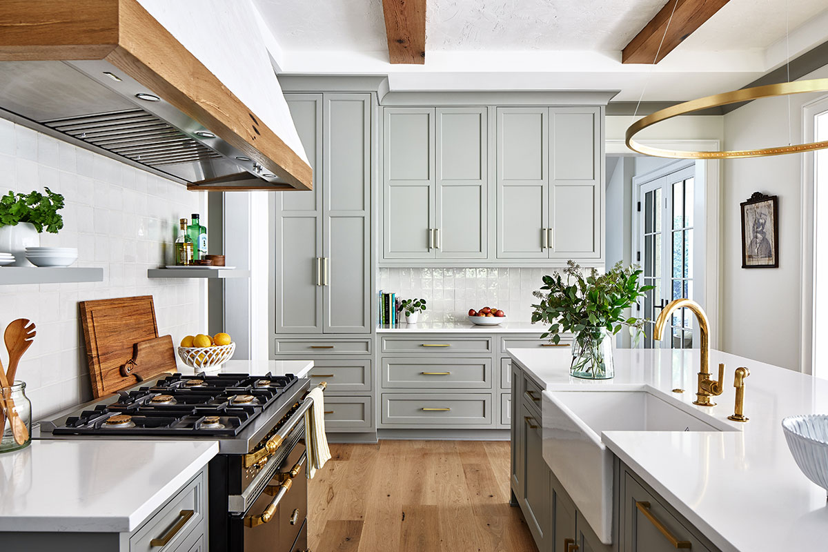 kitchen with white countertops and grey cabinet