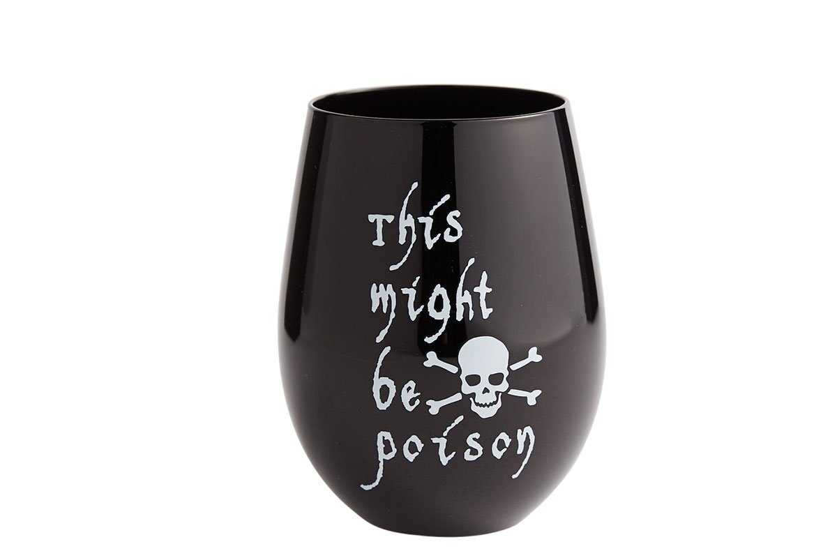 black wine glass with poison phrase on it