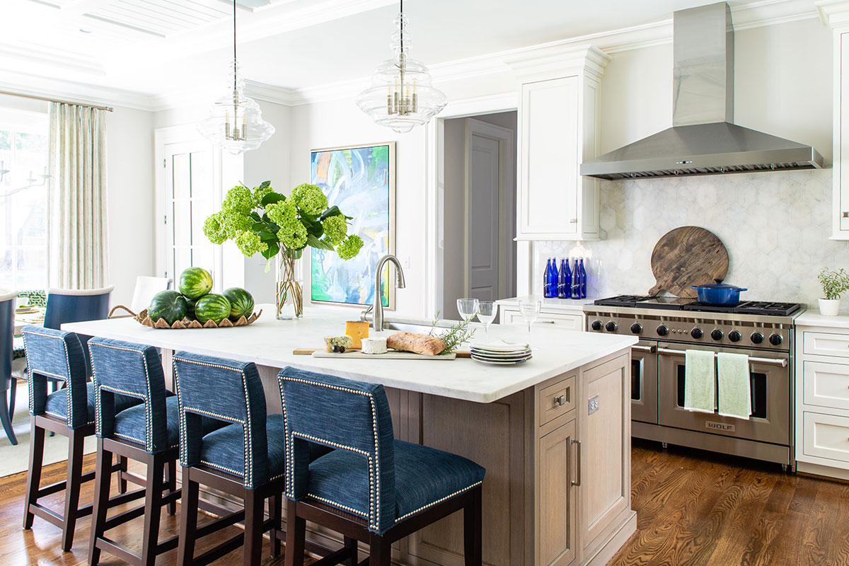 kitchen with blue stools