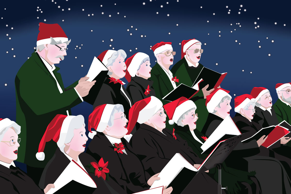 people with santa hats singing, drawing