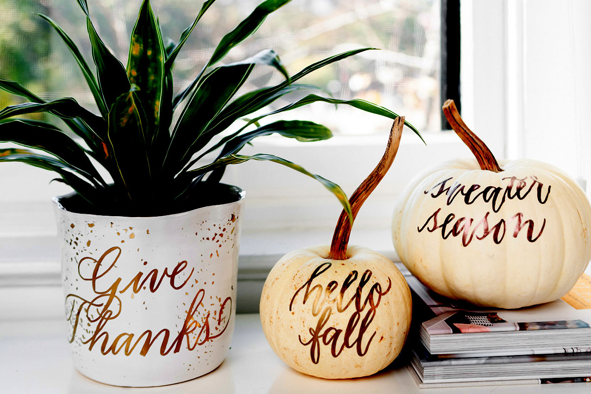 pumpkin and plant with calligraphy