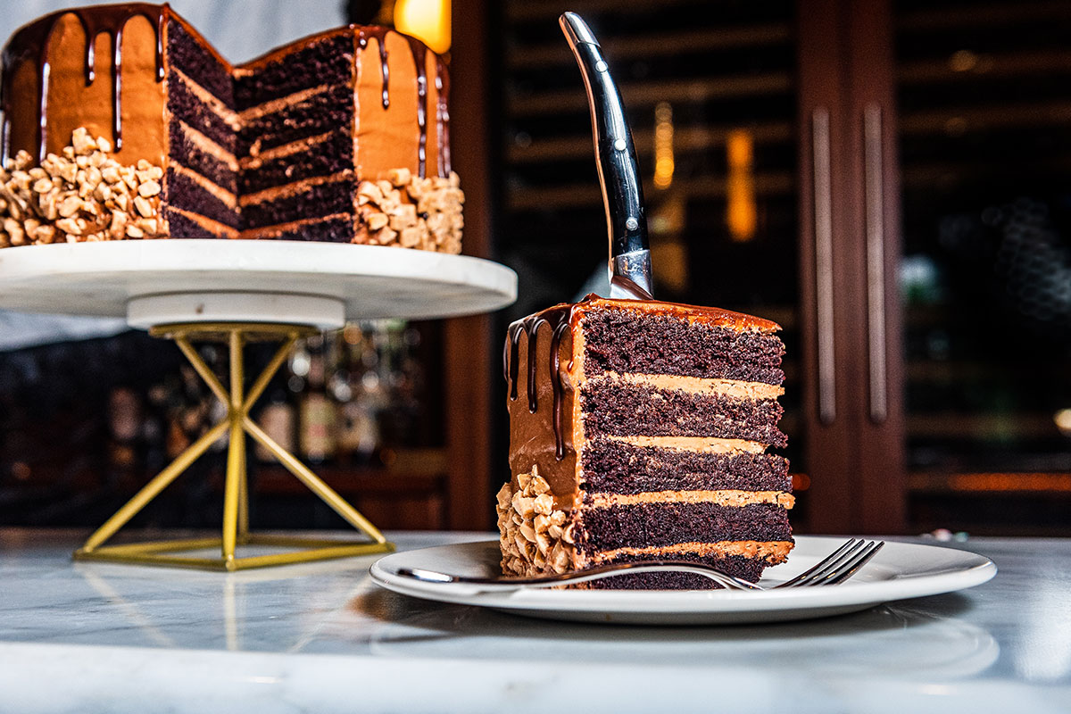 five-layer chocolate cake with chocolate ganache