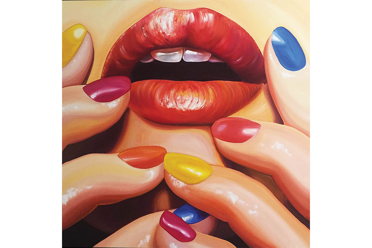 painting of woman's red lips with yellow, orange, pink and blue nail polish