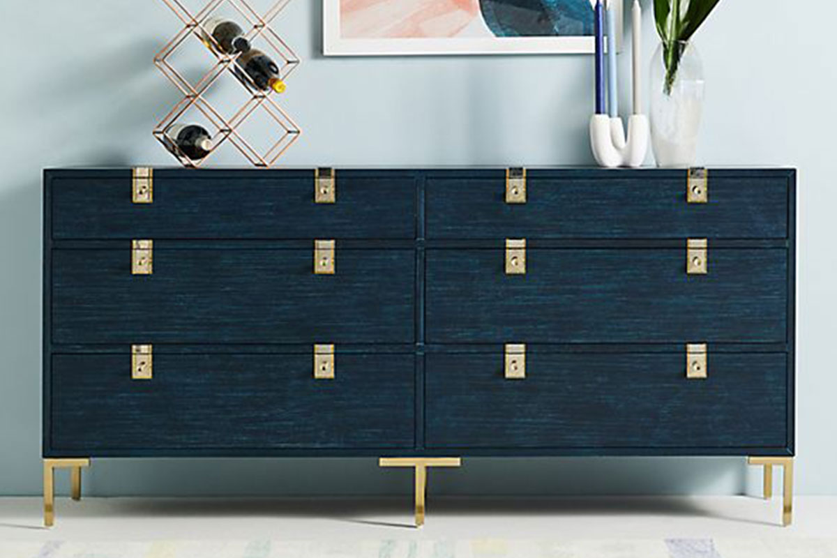 navy blue dresser with gold handles