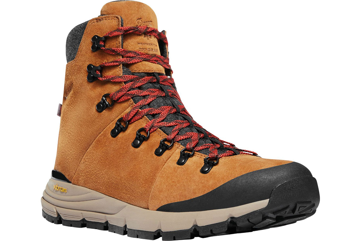 brown hiking boots with red laces