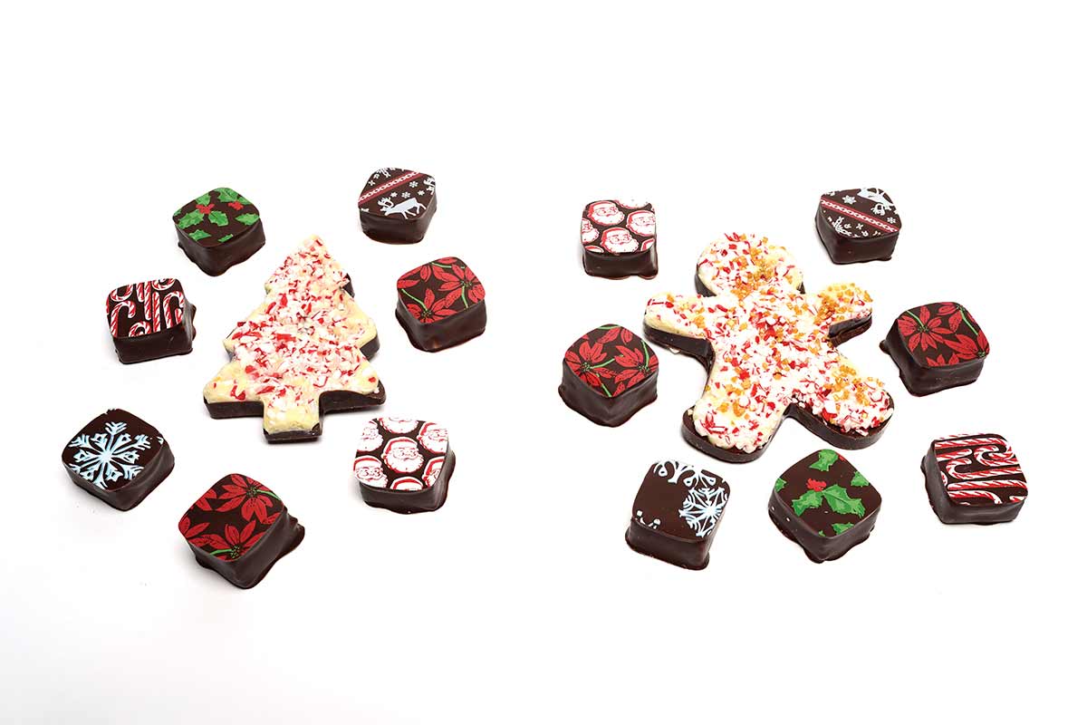 assorted chocolates for the holiday season on a white background