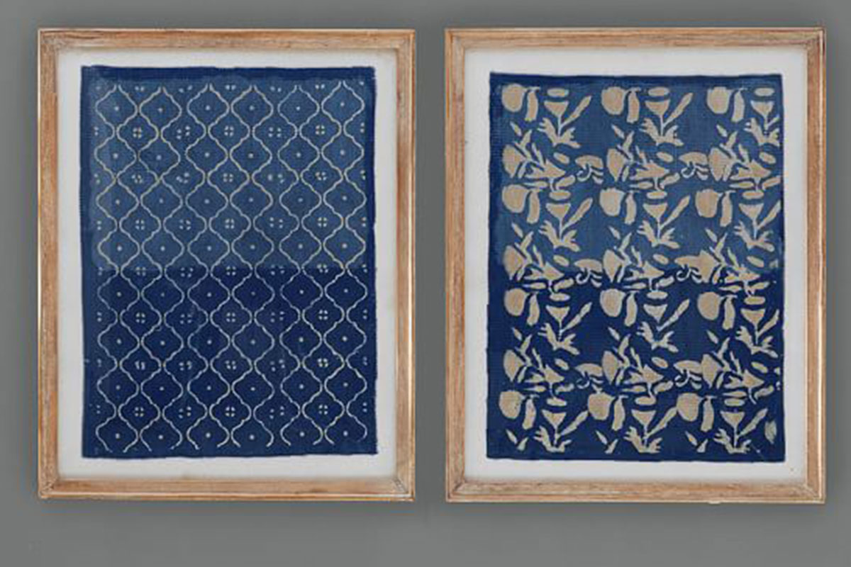 blue textiles in brown frame