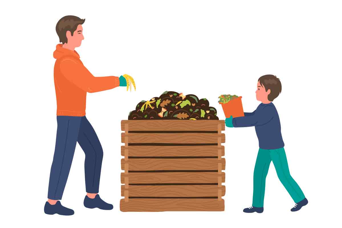 cartoon of dad and son composting