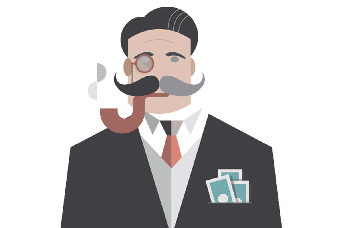 cartoon of wealthy man with pipe in his mouth and money in his pocket