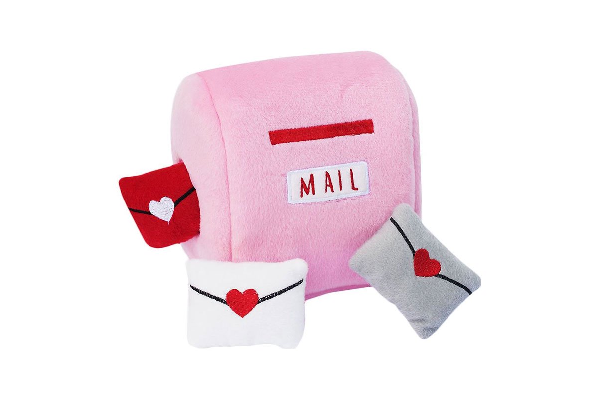 stuffed valentines day dog toy pink mailbox with letters