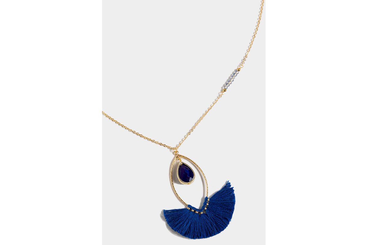 blue feather necklace with gold and white background