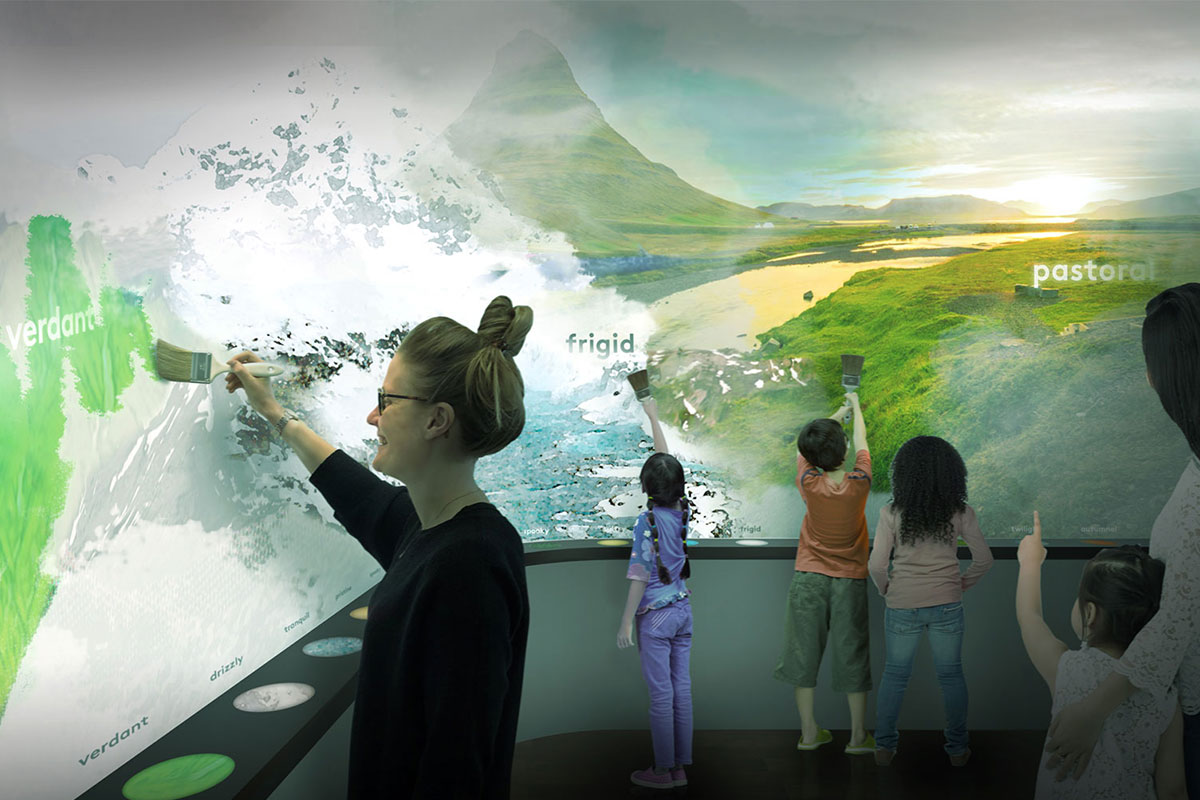 people painting on digital word wall planet word museum