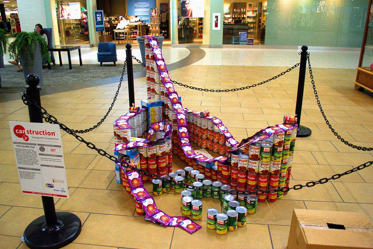 cans in a shape for canstruction