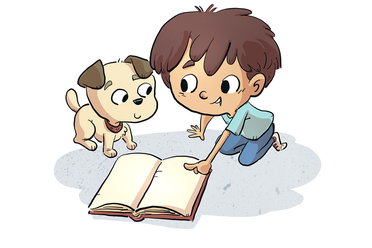 cartoon of child reading book to dog