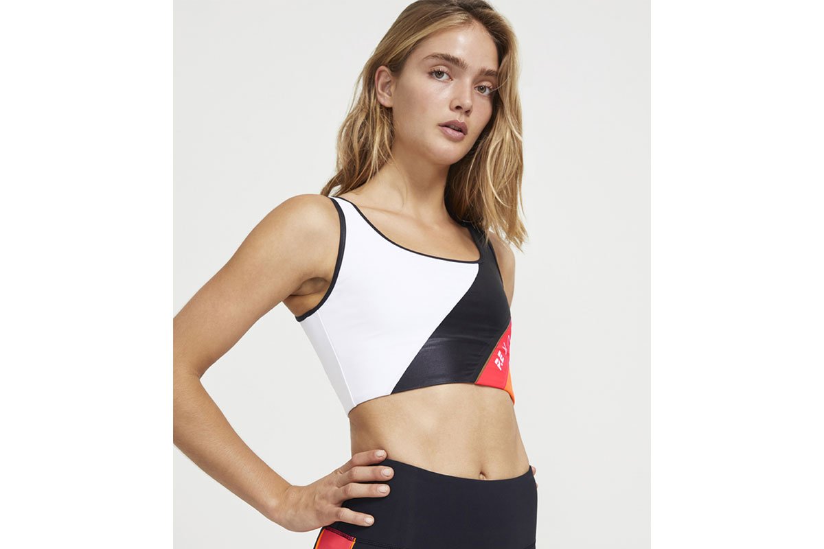 black, white and red sports bra