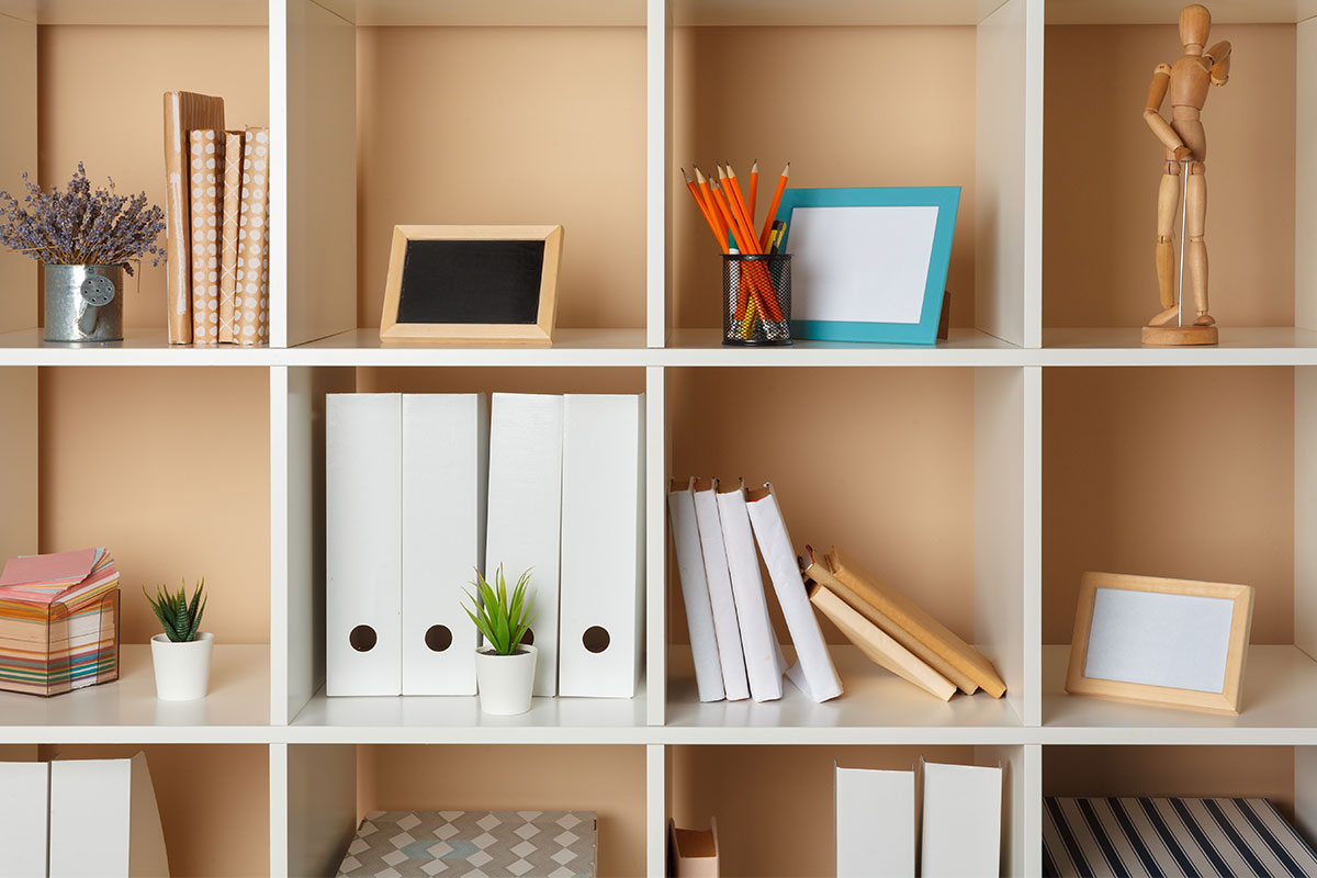 organized shelf with folders, binders, frames and plants with wood and white background