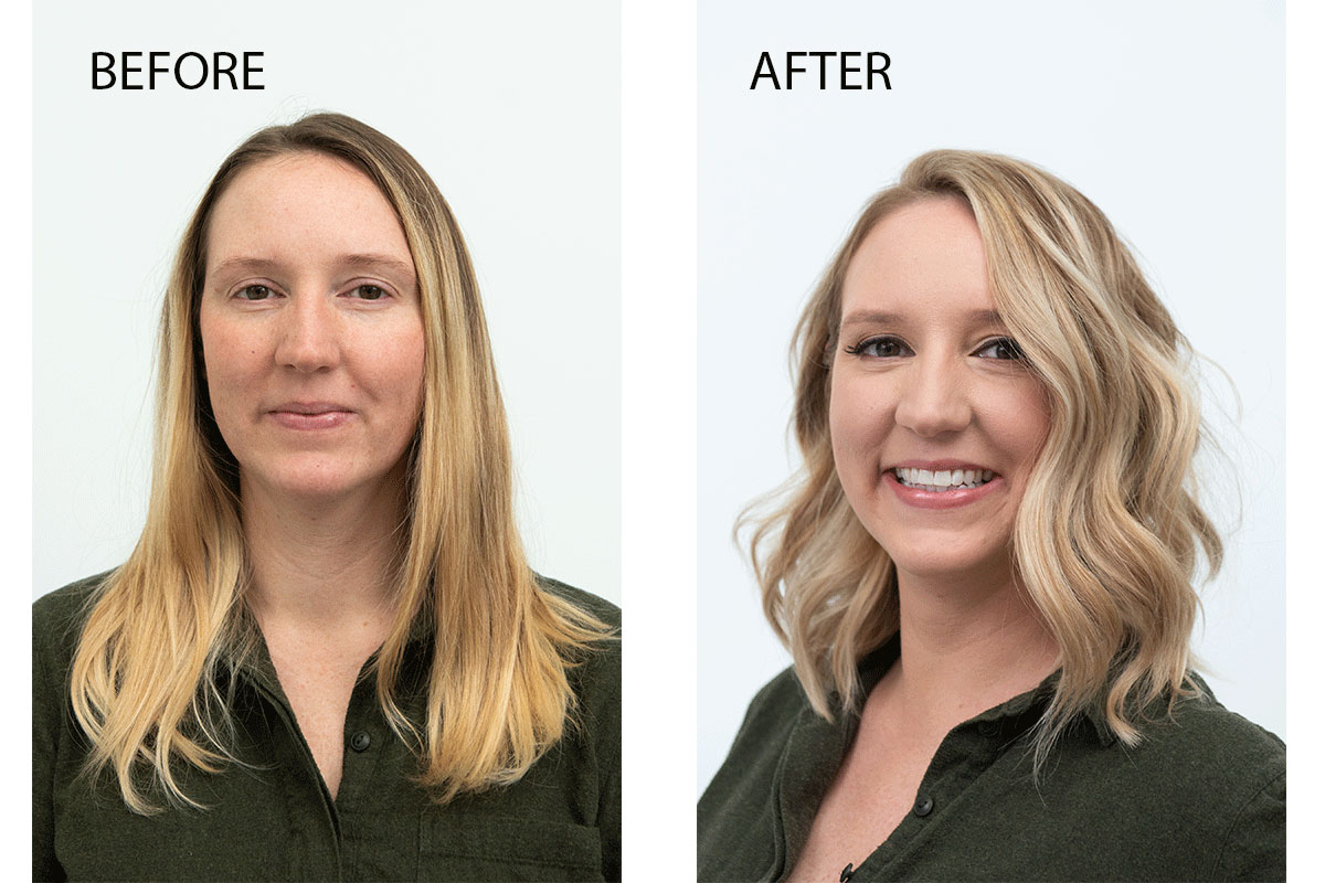 blonde woman makeover shots before and after