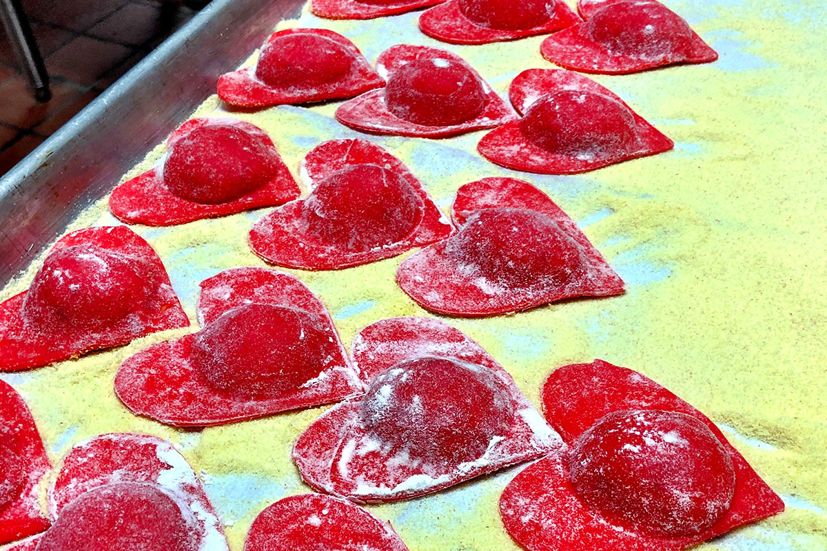 lobster ravioli shaped like red hearts