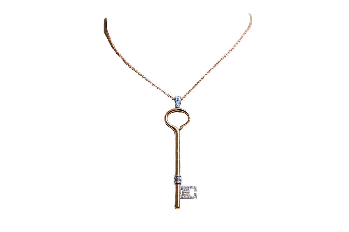 lock and key necklace rose gold with white diamonds