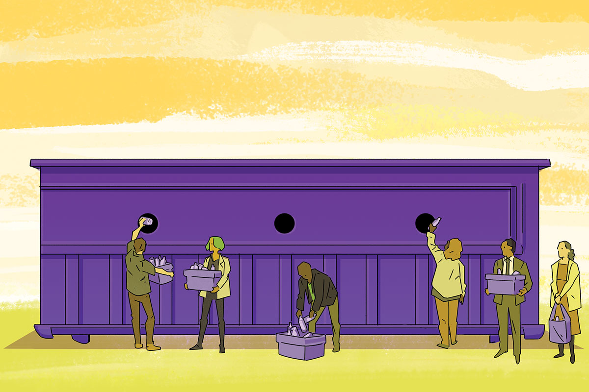 cartoon drawing of people putting cans and glass in purple recycling container