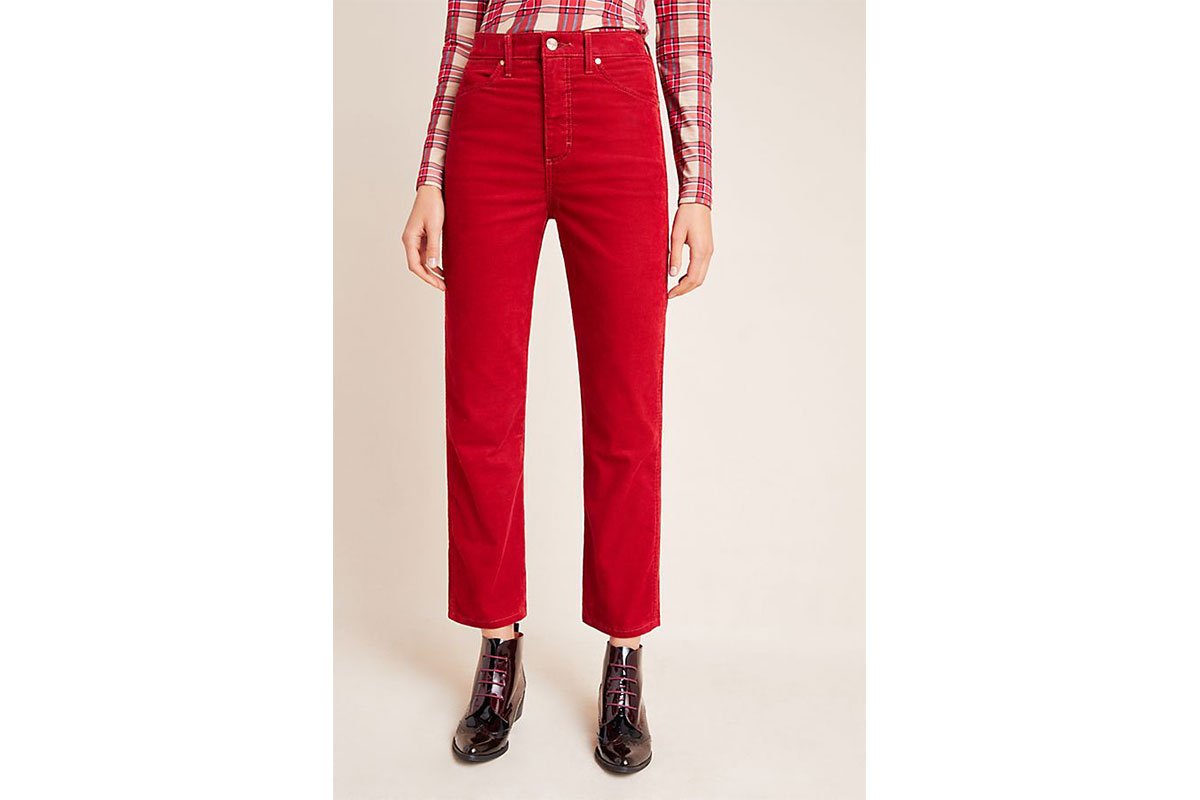 red cord pants and black shoes