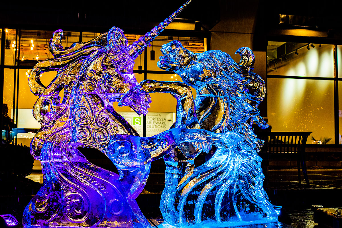 unicorn and horse blue and purple ice sculptures