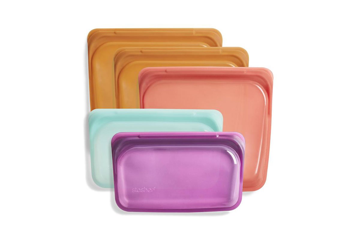 orange pink blue and purple silicone reusable bags