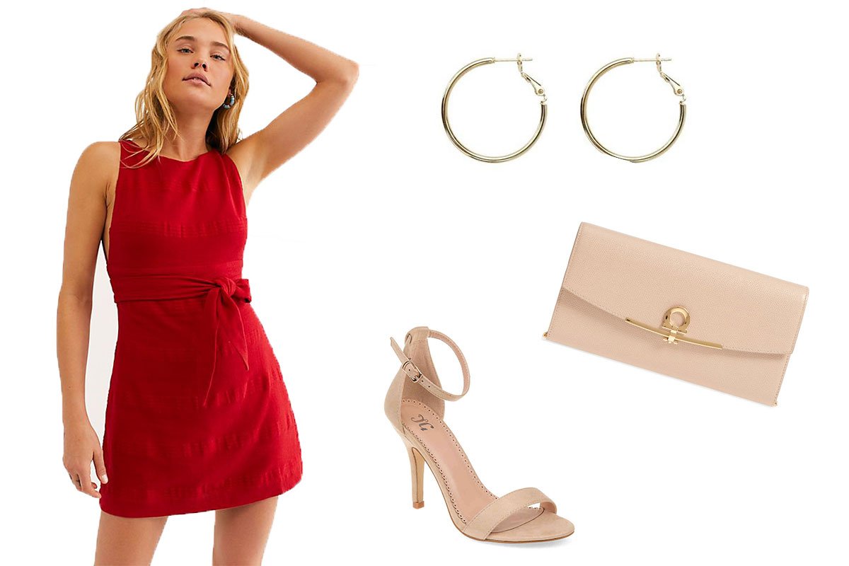 girl in red dress with nude heels and purse and gold earrings