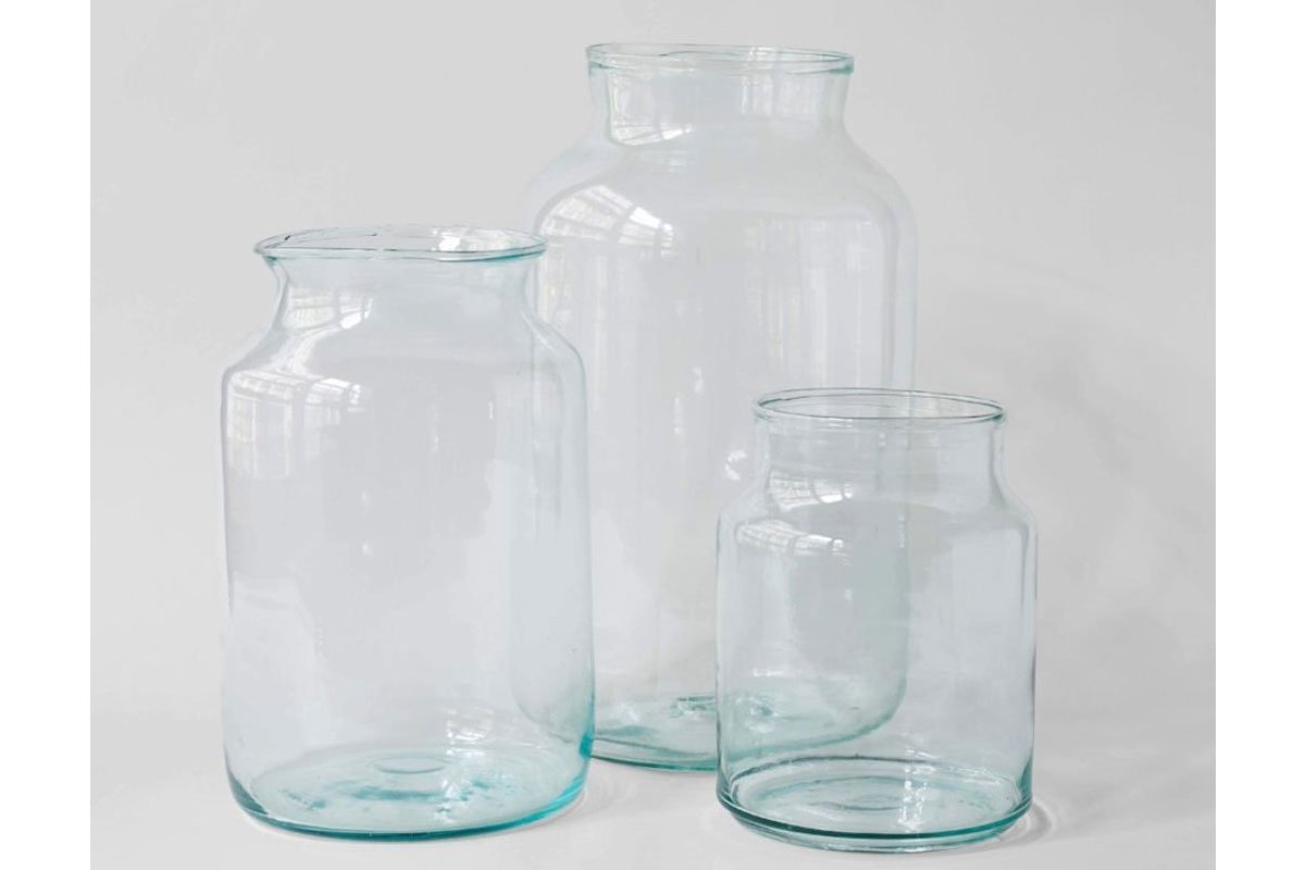 three blue, glass jars