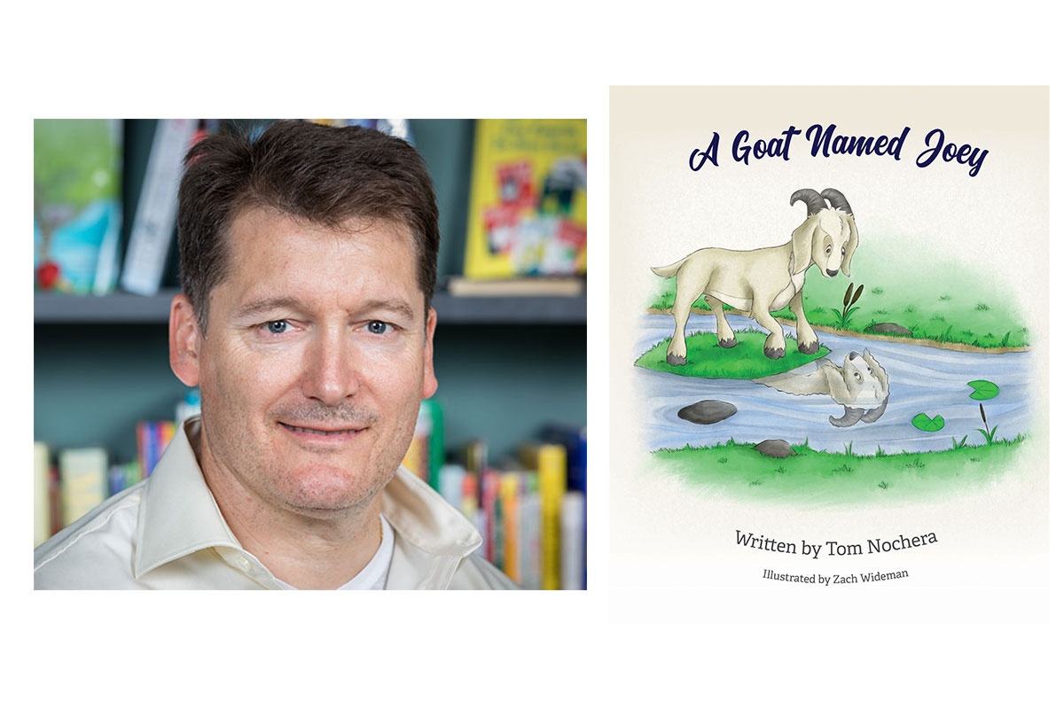 tom nochera's headshot next to cover of book a goat named joey