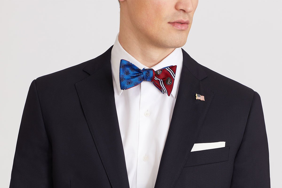 man wearing american flag themed bow tie