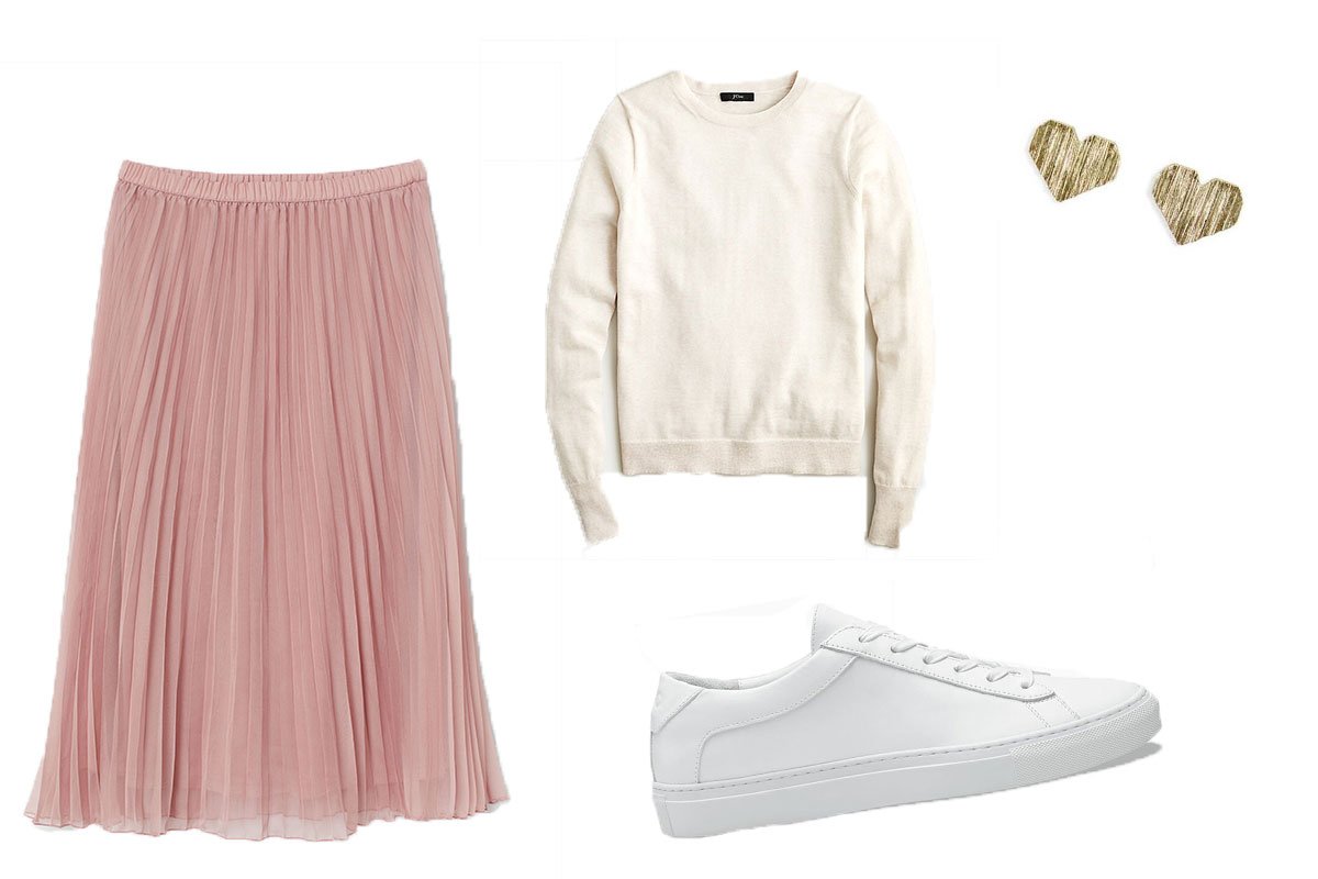 white sweater with light pink skirt and white sneakers with gold heart earrings